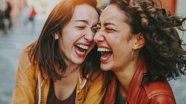 Two friends making funny faces at each other, laughing uncontrollably, caught in a playful moment of fooling around.