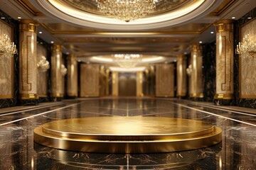 Obraz premium A gold podium is in a large, empty room with chandeliers and marble walls