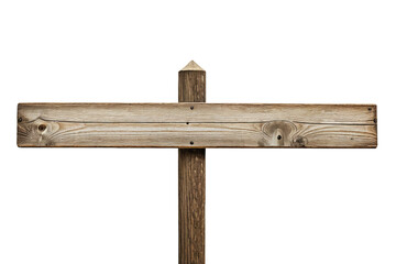 Fototapeta premium Stock photograph, single empty wooden signpost, center-aligned, isolated, floating against a pure white background, showcasing full-body perspective, natural wood grain texture, high resolution