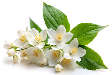 Obraz premium The white jasmine flowers, showcases the delicate petals, leaves, and blossoms of the jasmine plant, on white background