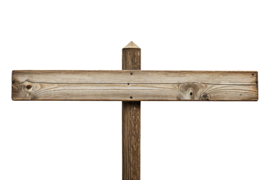 Stock photograph, single empty wooden signpost, center-aligned, isolated, floating against a pure white background, showcasing full-body perspective, natural wood grain texture, high resolution