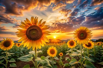 Obraz premium sunflowers sunset summer evening warm soft focus oil brushstrokes peaceful serene ambient