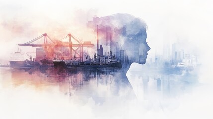 Fototapeta premium A creative double exposure of a silhouette and a busy port scene, blending industry and humanity in a stunning visual narrative.