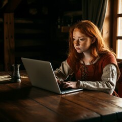 Fototapeta premium Young beautiful adult woman dressed in a medieval dress working on a laptop. Profile portrait concept.