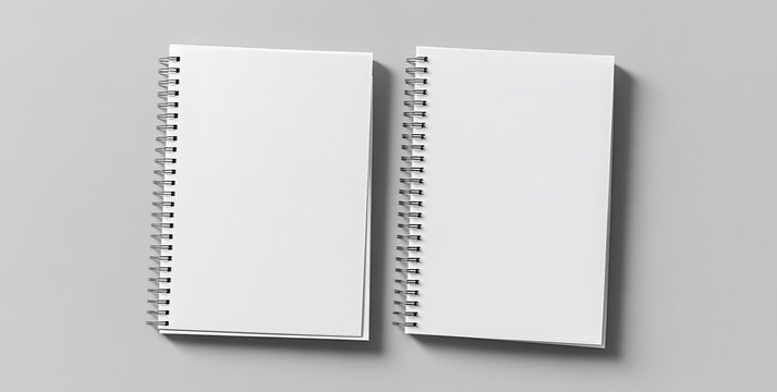 Two blank spiral notebooks on a gray background.