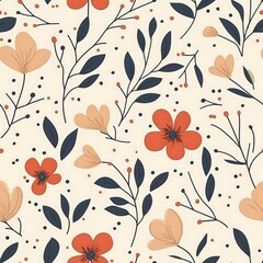 A delicate and charming floral pattern featuring vibrant red and peach blossoms with dark blue leaves on a soft cream background. Perfect for adding a touch of nature-inspire