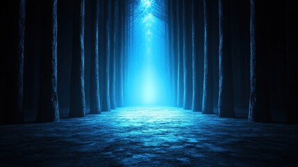 Fototapeta premium A mystical underwater scene illuminated by ethereal light, surrounded by dark silhouettes of trees and serene water reflections.