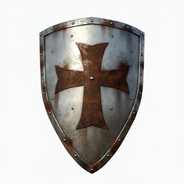 Old metal crusaders shield with cross isolated on white background