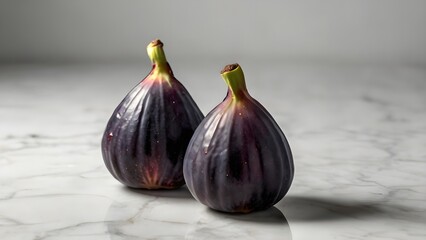 Obraz premium Two Fresh Purple Figs Displayed on a Marble Surface