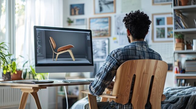 An architecture latino student is designing a wood chair on his computer in his bedroom he is looking at the screen