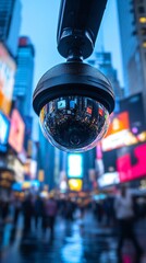 A close-up view of a surveillance camera in a bustling city, reflecting vibrant lights and the movement of people below.