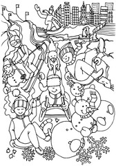 Coloring page with outdoor winter activities for kids. Sport. Leisure. Coloring worksheet for kids. Hand drawn vector illustration