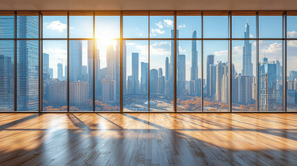 Fototapeta premium A large window in a modern office provides a stunning view of a city skyline.
