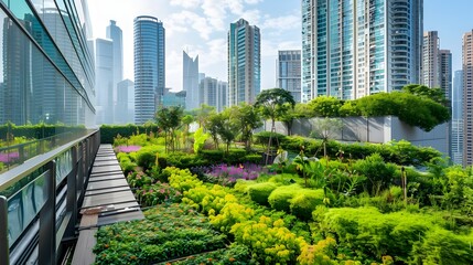 Fototapeta premium Green Rooftop Gardens Adorn Skyscrapers in Sustainable Smart City Initiative