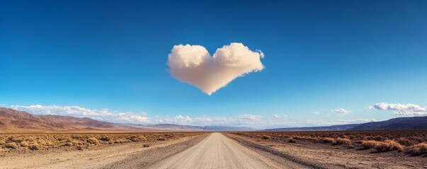 Lonely desert road under a heart-shaped cloud, serene nature scene. Romantic travel and exploration concept