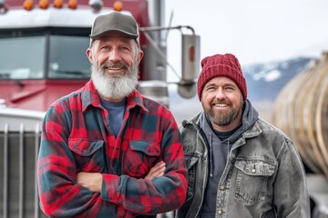 Fototapeta premium Father and son satisfied trucker. family business. long distance cargo delivery. son does the same thing as father. truck drivers