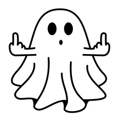 Ghost showing middle finger icon. Cute ghost character. Funny surprised ghost sign. Design element for logo, badges, banners, labels, posters