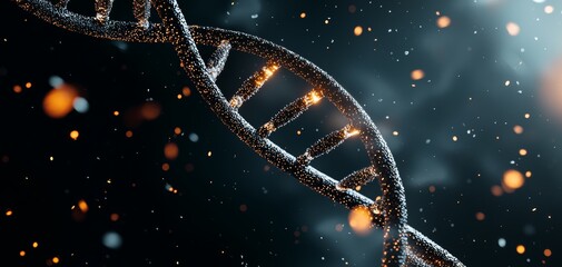 A DNA strand unraveling in slow motion, each molecule glowing softly as it breaks apart, floating in a dark liquid environment with subtle reflections of light