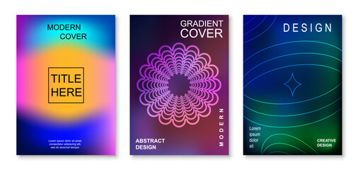 Modern gradient cover background design set. Brochure cover cards. Vibrant 3d geometric shapes compositions. Banner, cover, card, wallpaper, decoration, poster, brochure, leaflet. Template A4 size