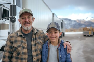 Father and son satisfied trucker. family business. long distance cargo delivery. son does the same thing as father. truck driversv