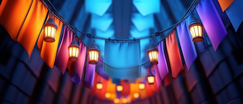 Colorful lanterns and fabric banners create a vibrant atmosphere, enhancing the charm of an outdoor space at night.