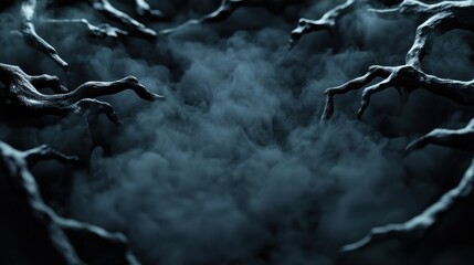 Mysterious dark texture with twisted branches and swirling mist, creating an eerie atmosphere perfect for horror or fantasy themes.