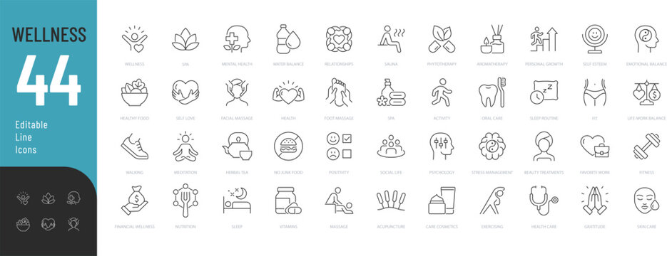 Wellness Line Editable Icons set. Vector illustration in thin line modern style of remotely mental health related icons: work-life balance, self-love, meditation, and more. Isolated on white