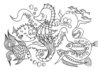 Coloring page with sea animals and fish life. Underwater world. Marine hand drawn vector illustration of funny cartoon characters.