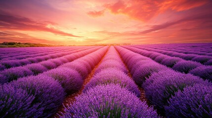 A vibrant lavender field at sunset, showcasing rows of blooming lavender under a colorful sky.