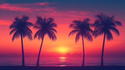Four palm trees silhouetted against a vibrant sunset over calm ocean waters peaceful tropical paradise glowing with warm evening light serene nature scene