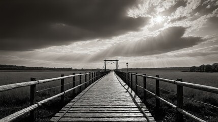 Obraz premium Generative AI, Wooden Suspension Bridge Over an Open Field with Dramatic Clouds