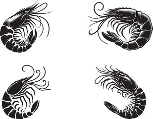 Set of prawn silhouette vector art illustration