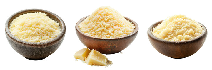 set of freshly grated Parmesan cheese in a small bowl on a transparent background