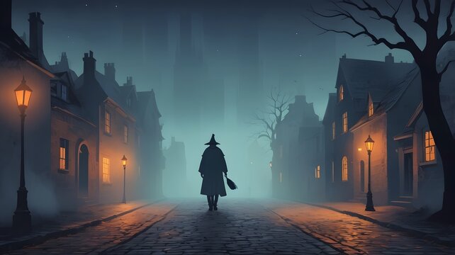 A foggy Halloween night with a lone figure walking down a cobblestone street, painted in soft brushstrokes and muted colors perfect for Halloween
