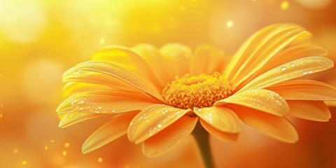 Obraz premium A soft yellow daisy flower, with delicate dewdrops on its petals, glowing in golden light against a bokeh background, symbolizing beauty and freshness
