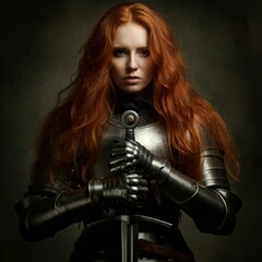 Naklejka premium Portrait of a young beautiful woman, dressed in black clothes with steel knightly hands and a gorget, holding a bastard sword, posing against an abstract background. Medieval fantasy girl