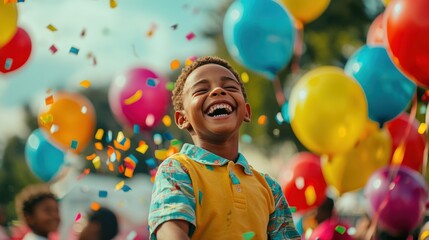 A boy laughing as he is lifted into the air at a park, surrounded by balloons and children.