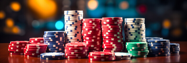 Neatly stacked poker chips in a casino