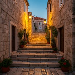 Old stone building with stairs lined with potted plants leading to the doorways of residential apartments in the medieval island town of Croatia