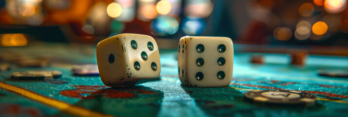 Two dice and poker chips on a casino table