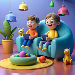 Obraz premium A playful 3D scene of two siblings sitting on a colorful beanbag, eyes wide in excitement as they watch a cartoon on the TV, with a vibrant living room full of toys and games