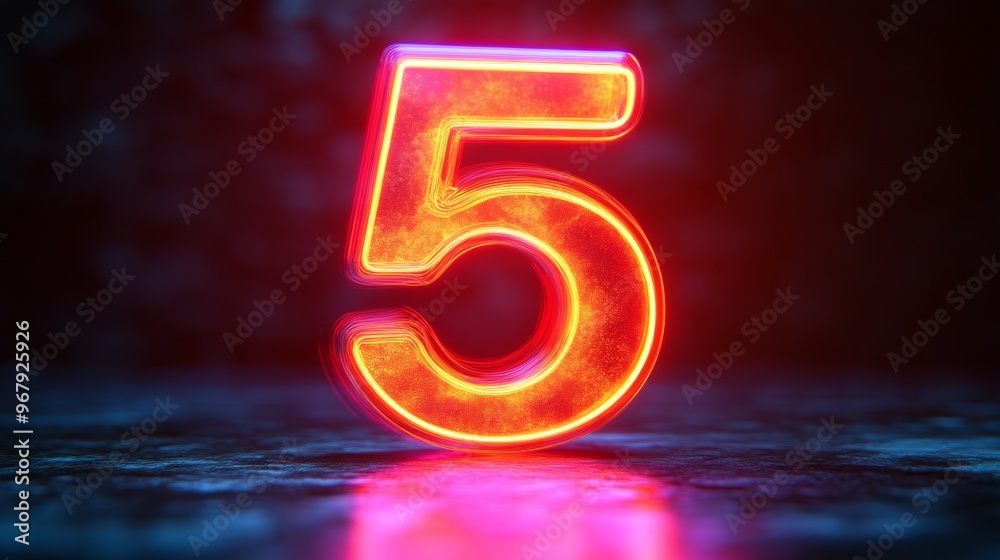 Poster neon number five glowing on a dark surface, illuminated concept