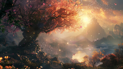 Obraz premium Magical cherry blossom trees blooming in the valley at sunset