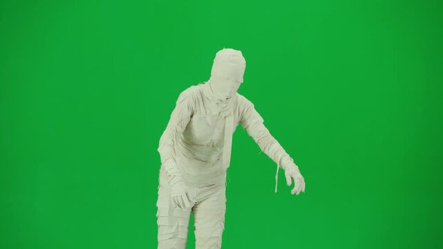 Portrait of person in a mummy bandage on chroma key green screen background. Mummy covered in white cloth ribbons walking with hands up.
