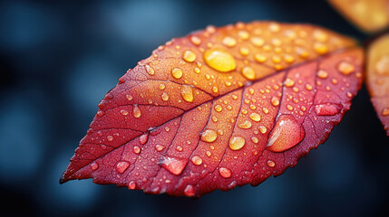 Detailed macro shot of a red and orange autumn leaf covered in raindrops, highlighting the natural texture and colors