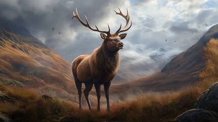 A majestic elk stands in a mountain valley with a dramatic cloudy sky overhead.