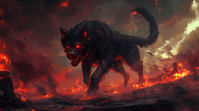 Digital artwork of a menacing hellhound with fiery eyes in a hellish landscape, perfect for gaming and fantasy projects. Cerberus. Illustration