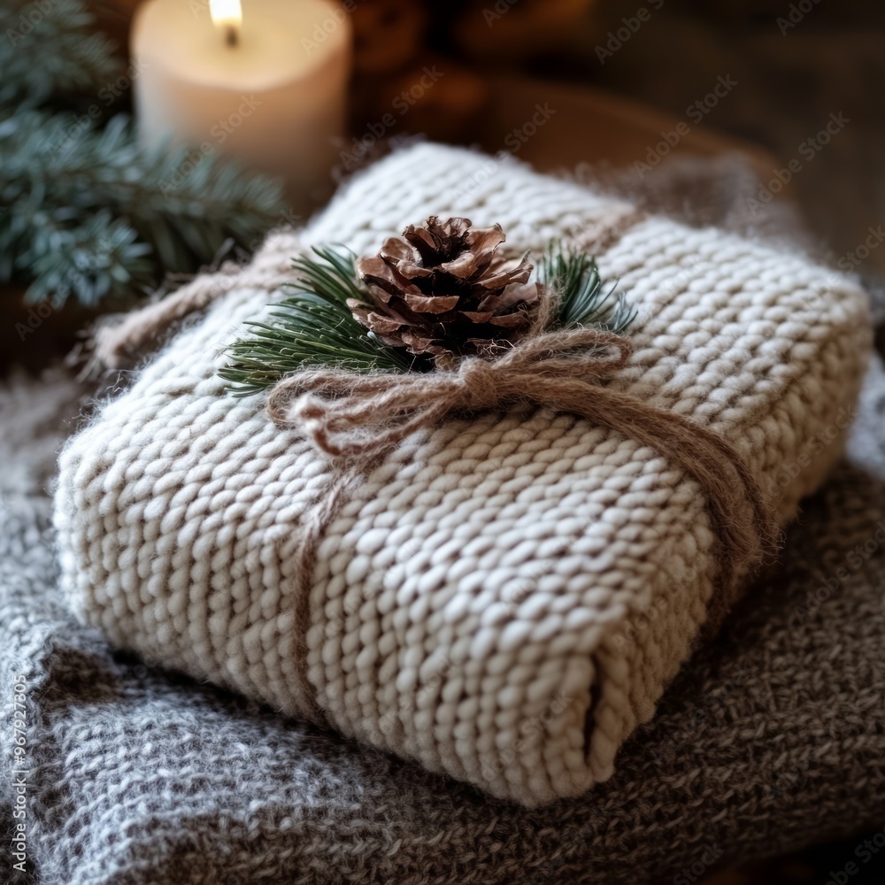 Sticker A beautifully wrapped gift with natural elements for a cozy, festive atmosphere.