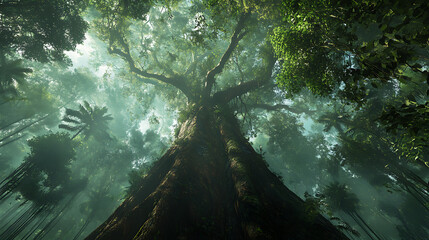 A towering Amazon rainforest tree with vines and epiphytes clinging to its trunk, illustrating the complex ecosystem 
