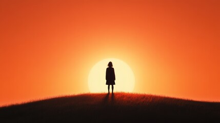 The silhouette of a solitary figure standing against the fiery horizon, as night descends, the sky ablaze with the last vestiges of the setting sun.